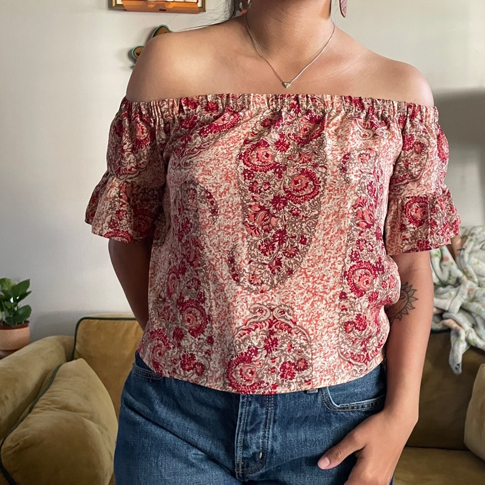 Madewell Silk Off-the-shoulder top in water color paisley